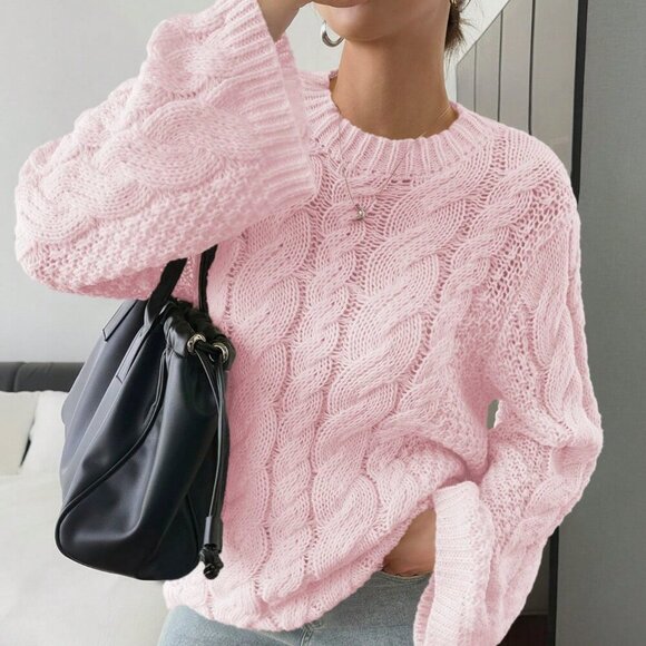 Pink Casual Women's Hemp Pattern Round Collar Wide Sleeve Long Sleeve Sweater - Picture 9 of 9